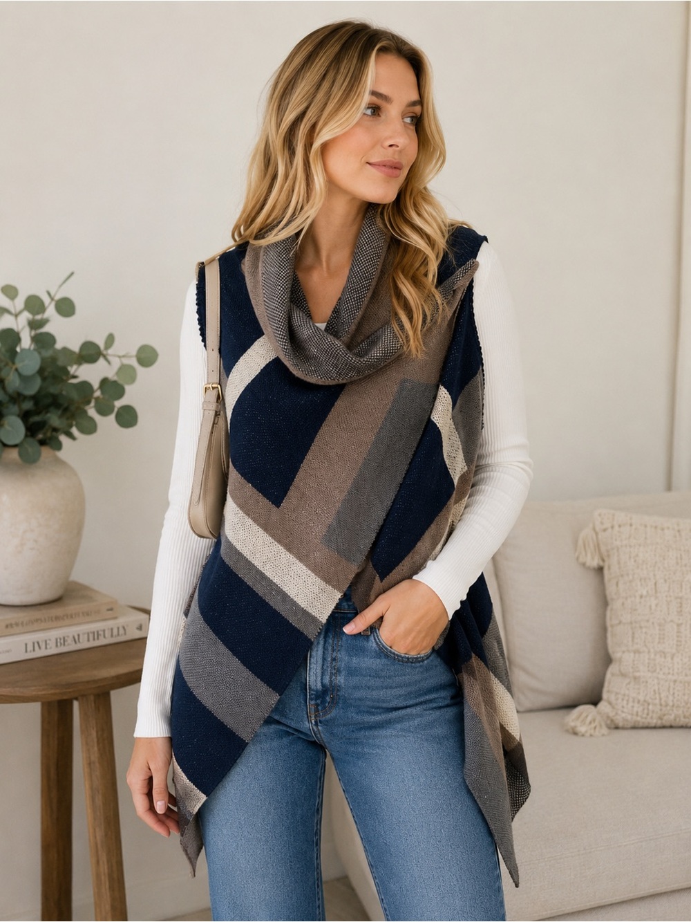 Striped Knit Cowl Neck Vest - Navy, Taupe, Gray- Janice brand